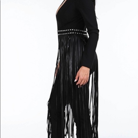 Black Deep V Fringe Jumpsuit - Picture 3 of 4